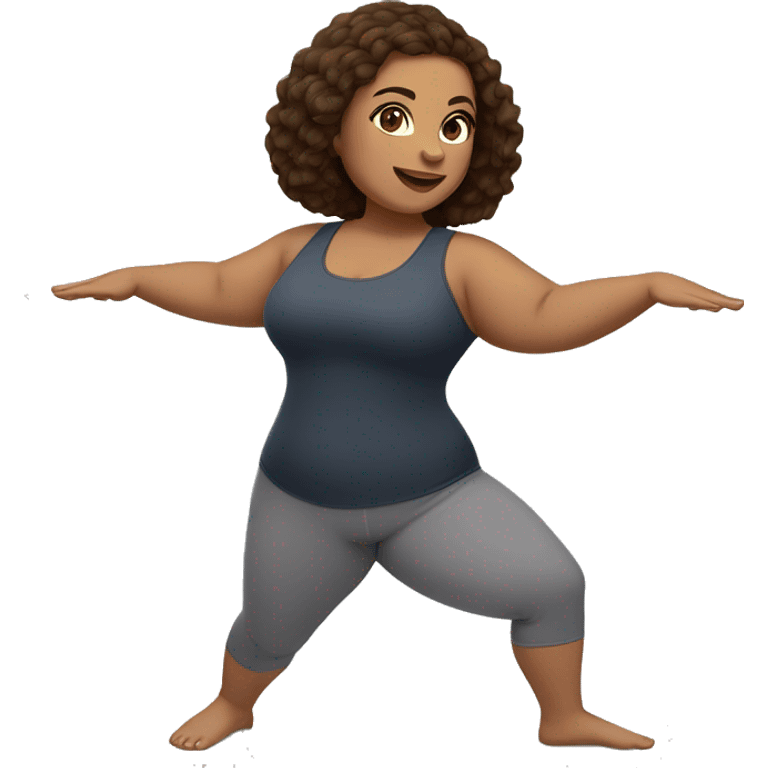 A plus size woman in a yoga lunge pose. She has light skin, brown straight hair, and brown eyes.  emoji