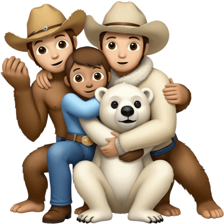 A big monkey, a cowboy, and a polar bear hugging  emoji