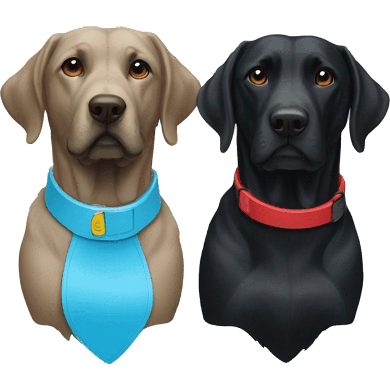 two dogs looking to the right. both black labradors, one with a red colour and the other with a light blue collar emoji