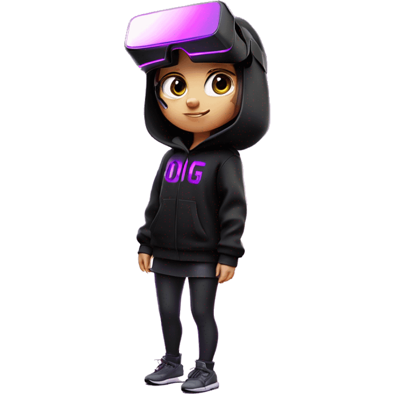 Russian girl wearing black hoody with violet letters "OMG", in vr headset oculus quest2. Standing like jedi. Cyberpunk style. Violet neon. emoji