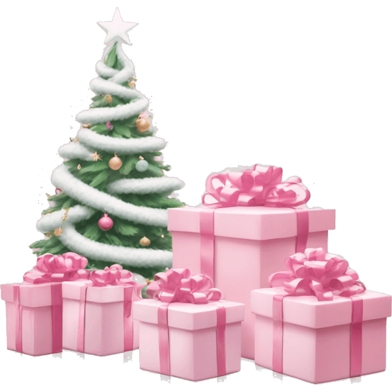 Light pink Christmas gifts under a white Christmas tree  emoji