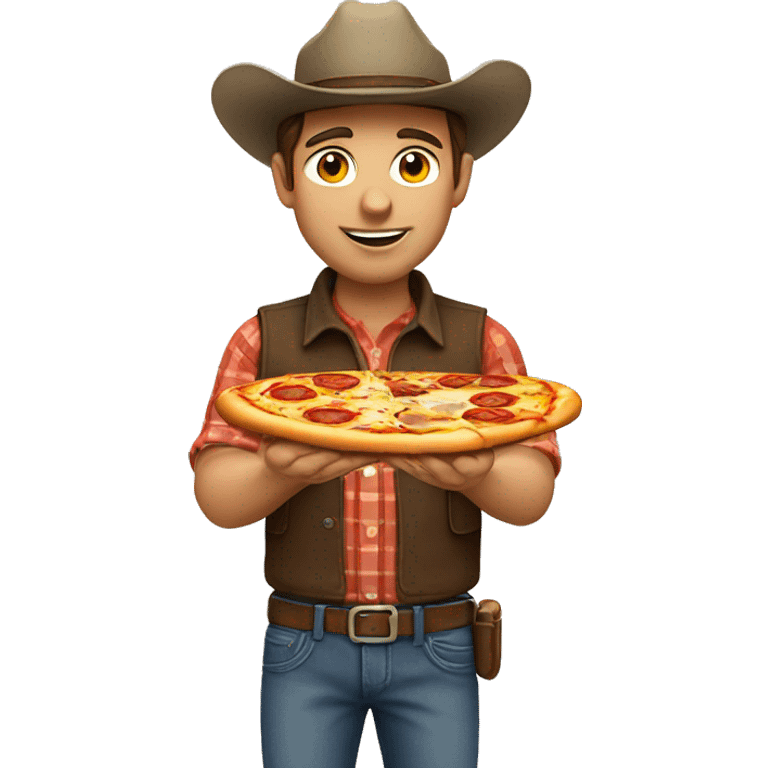 Male farmer brown hair and eyes wearing cowboy hat eating pizza emoji