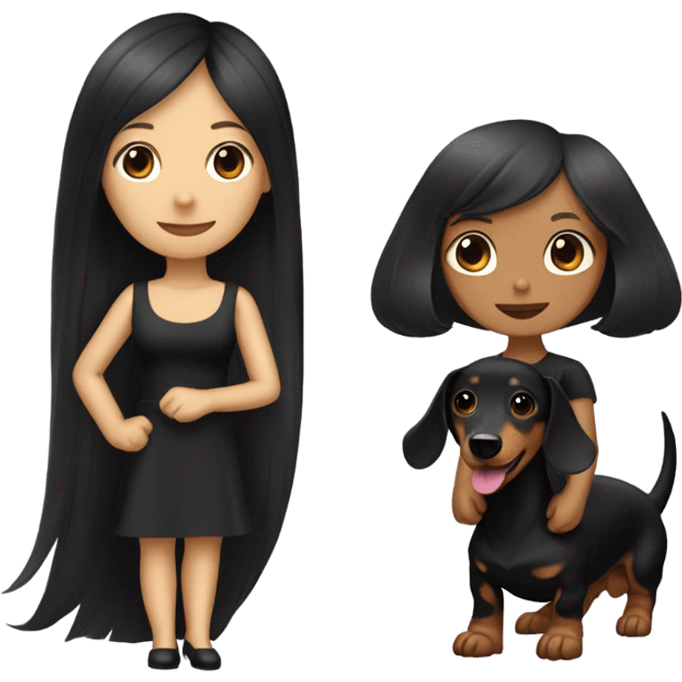 Long-haired dachshund with black-haired Asian girl wearing black dress emoji