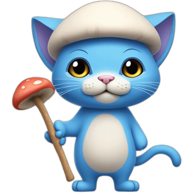  Cute Blue Cat NO ears wearing a mushroom cap carrying a stick in one arm standing on two legs no hair  emoji