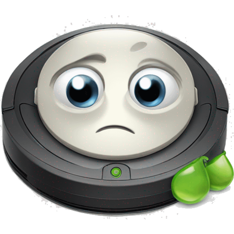 Roomba with sad eyes and a teardrop emoji