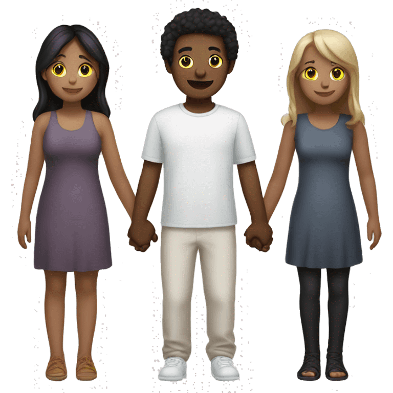 Two girls and one guy holding hands, all white skin emoji