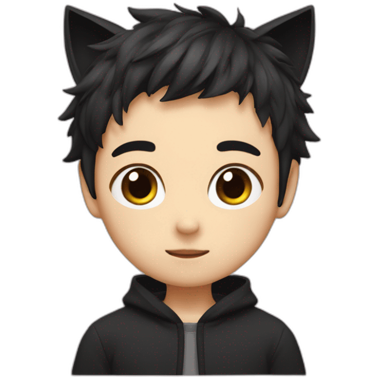 Japanese boy, with black cat ears and a cute hair style in black emoji