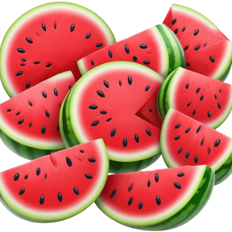 Cinematic juicy watermelon, thick slices revealing vibrant red interior, glossy and glistening with tiny black seeds, fresh and refreshing, soft glowing background, summer vibes. emoji