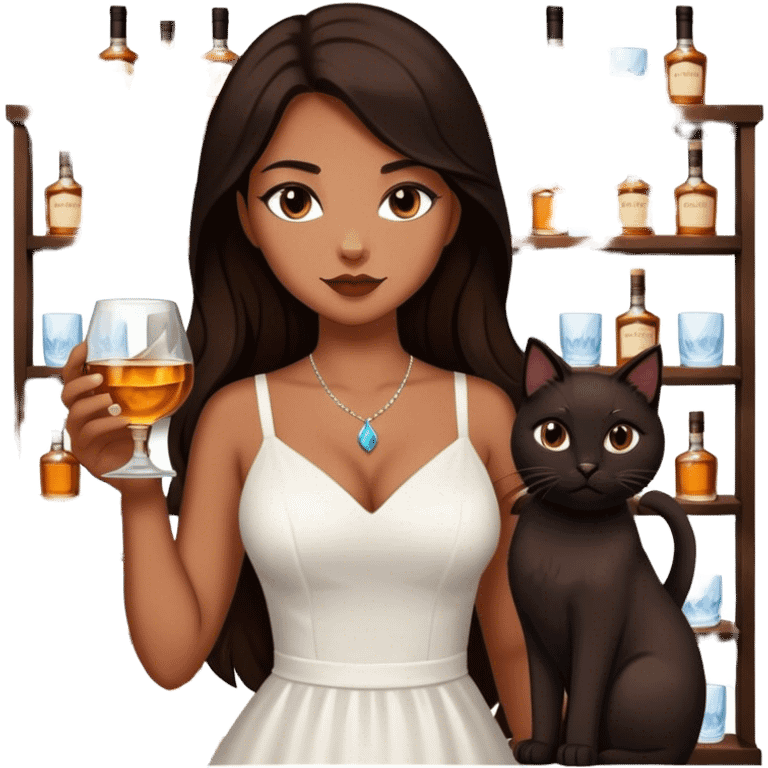 Beautiful woman in 1950’s woman fashion look, white dress, long dark brown hair, whisky with ice, black cat emoji