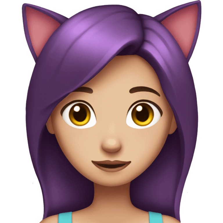 Girl blushing, dark brown red hair, purple eyes, with cat ears emoji