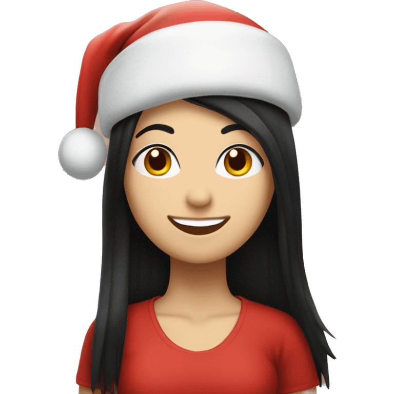 smiling white girl with long straight black hair wearing a Christmas hat  emoji