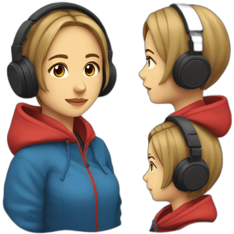 Lo-fi girl studing headphones, blue jacket, red hoodie emoji