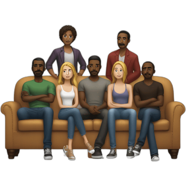 5 afroamerican men standing behind a couch on which a young white woman sits alone emoji