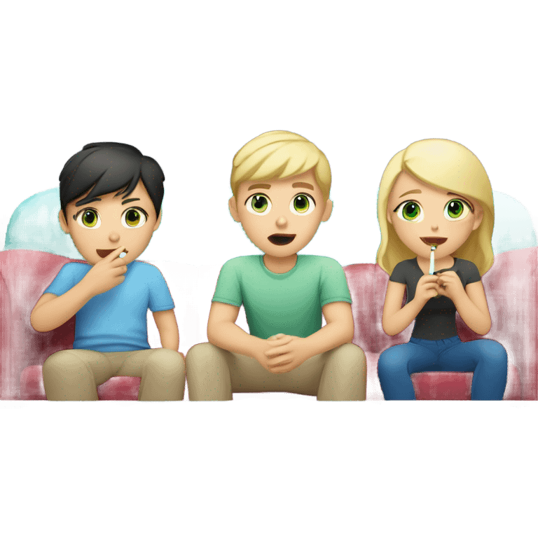 Brunette asian girl, blonde boy with blue eyes and a blonde girl with green eyes smoking whilst watching tv emoji