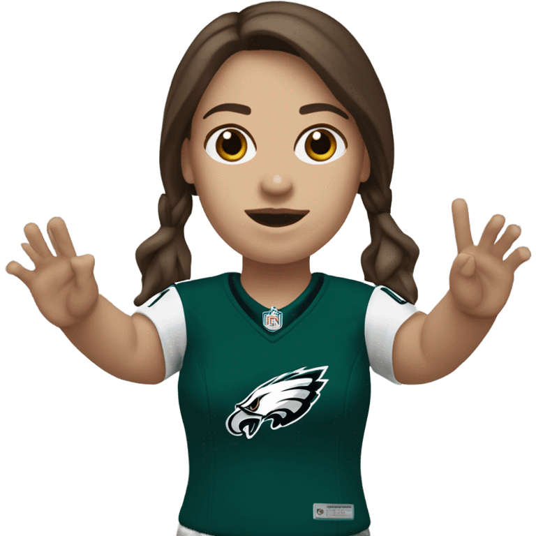 Philadelphia Eagles fan with hands up, woman, white skin, brown hair and brown eyes emoji