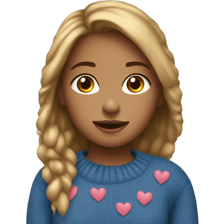 A girl wearing a sweater with hearts and blue jeans emoji