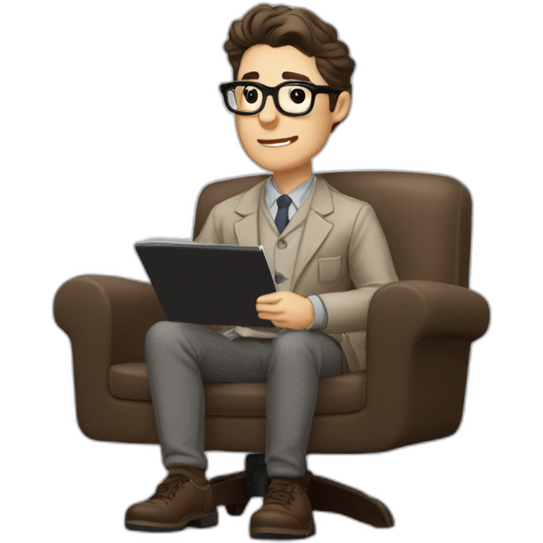 Pale skinned Fit Man With dark brown hair in gray jacket, beige office shirt, Brown pants and vintage glasses sitting In a soft chair with a notebook on spring with emblem Ψ and a pen emoji