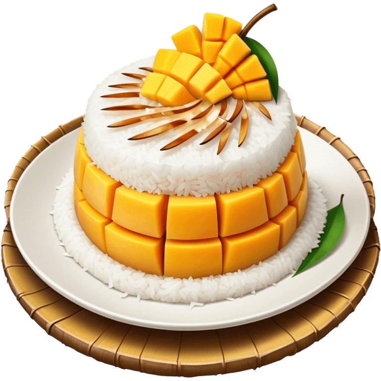 Mango Sticky Rice Cinematic Realistic Mango Sticky Rice Dessert Emoji, depicted as sticky rice drizzled with coconut milk topped with a layer of coconut cream, accompanied by sliced mango on the side of the plate, rendered with vivid textures and warm, tropical lighting. emoji