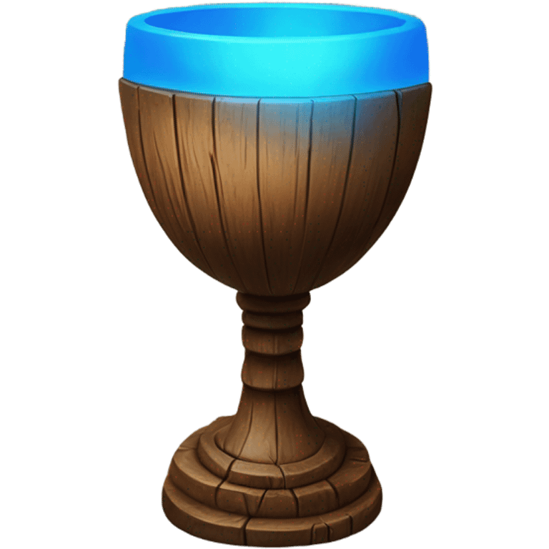 A magical goblet, large and imposing, made of aged wood with a smooth surface. It emits a vibrant blue light, standing out as a symbol of power and mystery. emoji