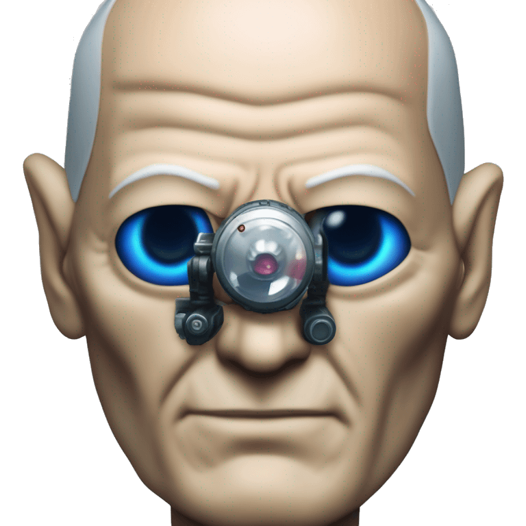 Jean luc picard from Star Trek assimilated by the Borg, with mechanical metal covering only one eye with a red glass lens over the same eye. His other eye looks like a normal human eye and is dark blue. emoji