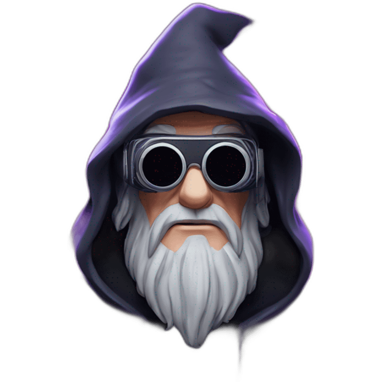 Gandalf wearing a black hoodie with "OMG" letters on it and VR headset in a cyberpunk VR environment with violet neon lighting. emoji