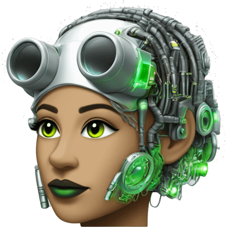 Neon green bobbed hair Latina female cyborg head with silver steampunk goggles and circuits emoji