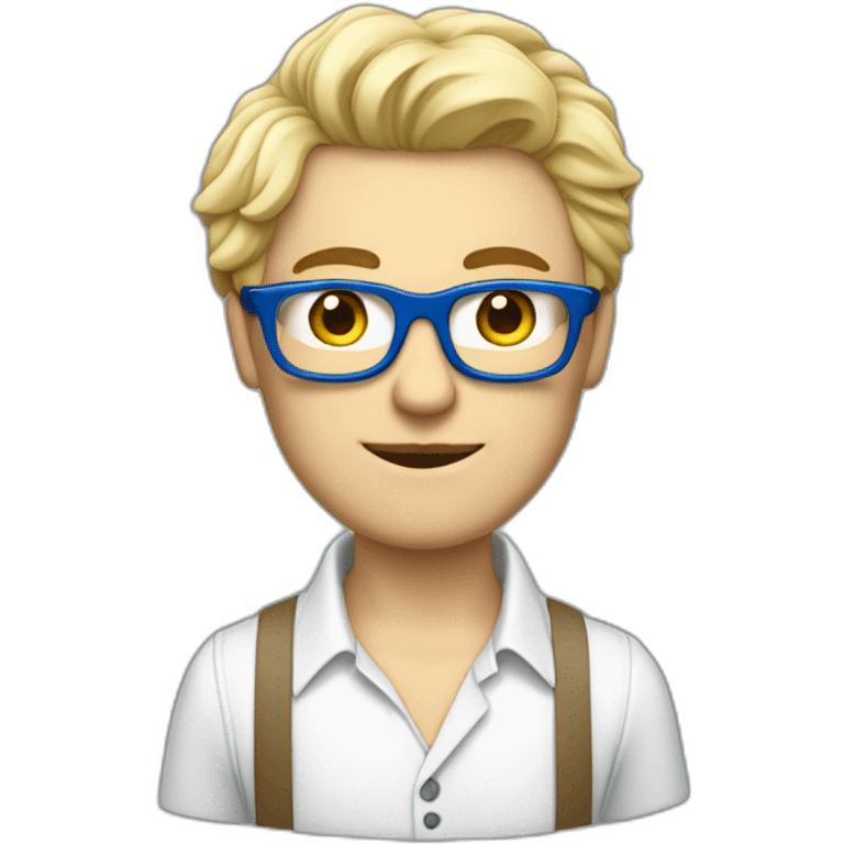 Homme jeune en smoking bleu chemise blanche cheveux blond et frisé et lunettes emoji