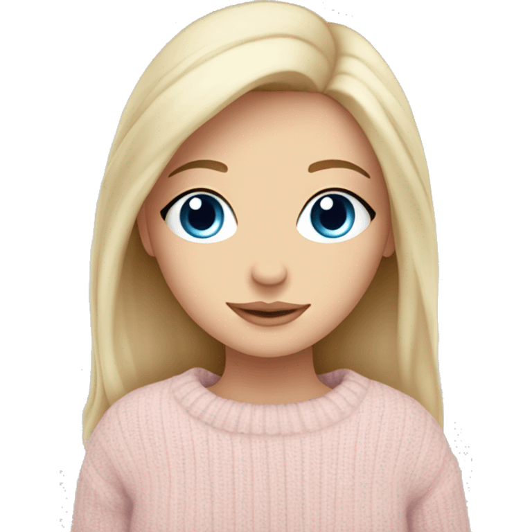 Pretty blue eyed white girl with light pink sweater reading cozy emoji