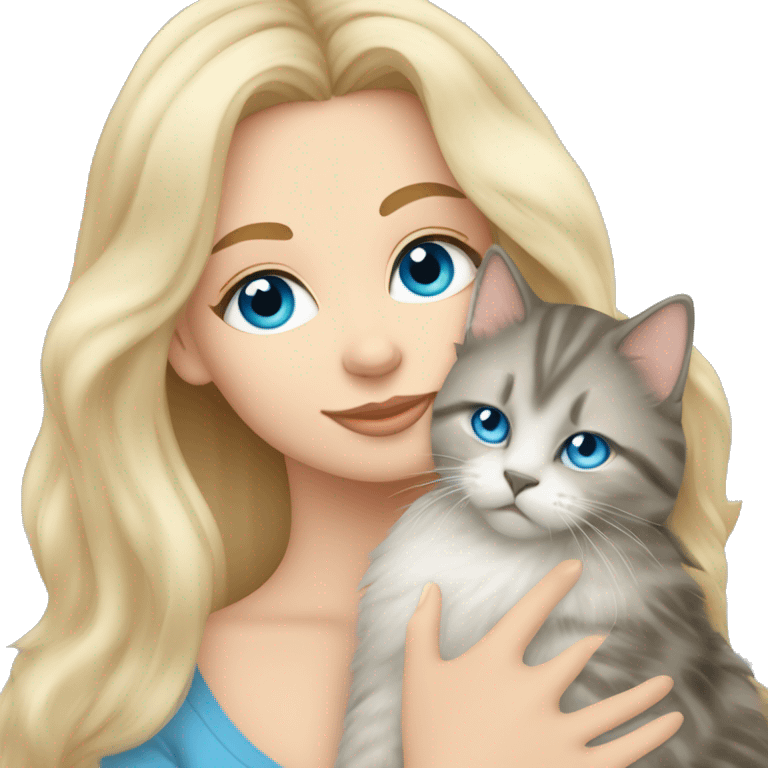 Pretty Blonde haired blue eyed woman snuggling a Siberian cat emoji