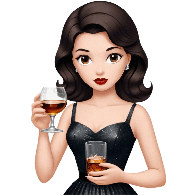 Beautiful woman in 1950’s woman fashion look, black shimmery dress, long dark brown hair, whisky with ice emoji