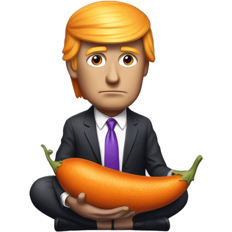 Realistic Donald trump with bright orange hair eating long, skinny purple ￼eggplant emoji