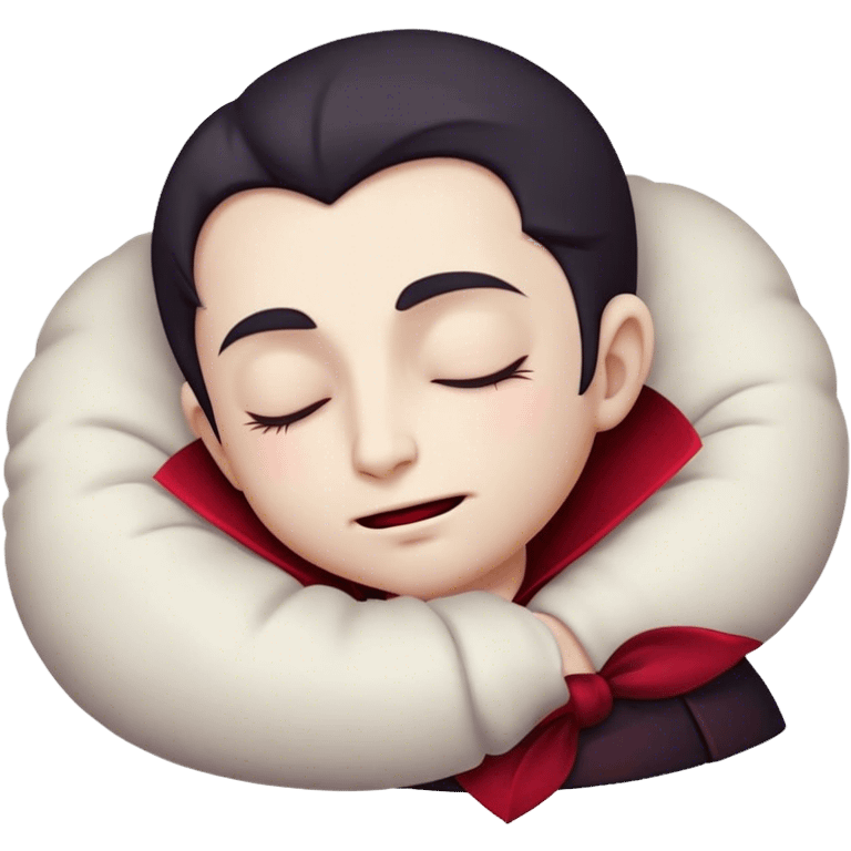 Meme-Worthy Cute Sleeping Vampire Portrait Emoji, with a refined, small, pale face softened by closed, serene eyes and a slight, peaceful smile, adorned in miniature elegant dark attire with a hint of fading crimson, simplified yet irresistibly adorable, highly detailed with a soft ethereal outline that captures the drowsy charm of a vampire in quiet nighttime slumber! emoji