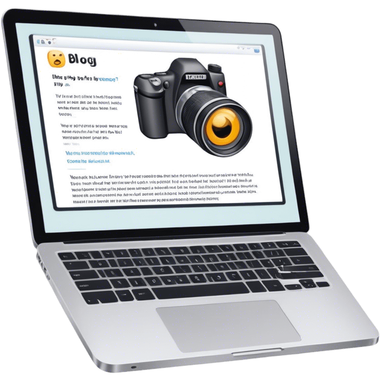 Create an emoji representing blogging. The design should feature an open laptop with a visible blog post on the screen, showing text. Add a photo or video camera to emphasize multimedia content. Do not include any emojis or smiley faces. Make the background transparent. emoji