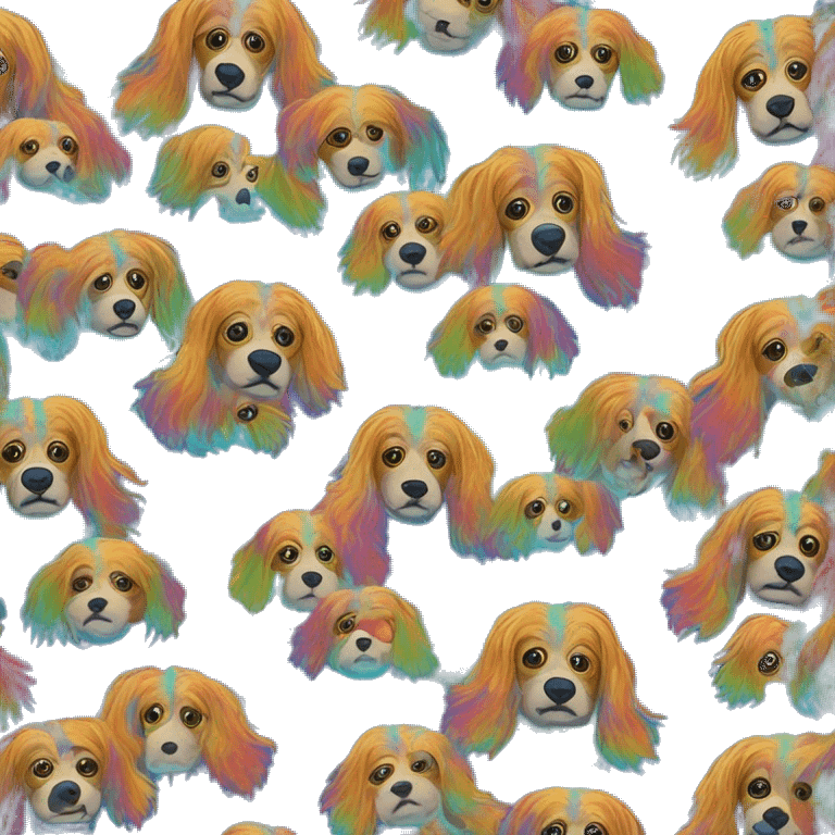 Multicolored rainbow retro groovy hippie trippy floral patterns on a metallic holographic iridescent blue dog face  emoji