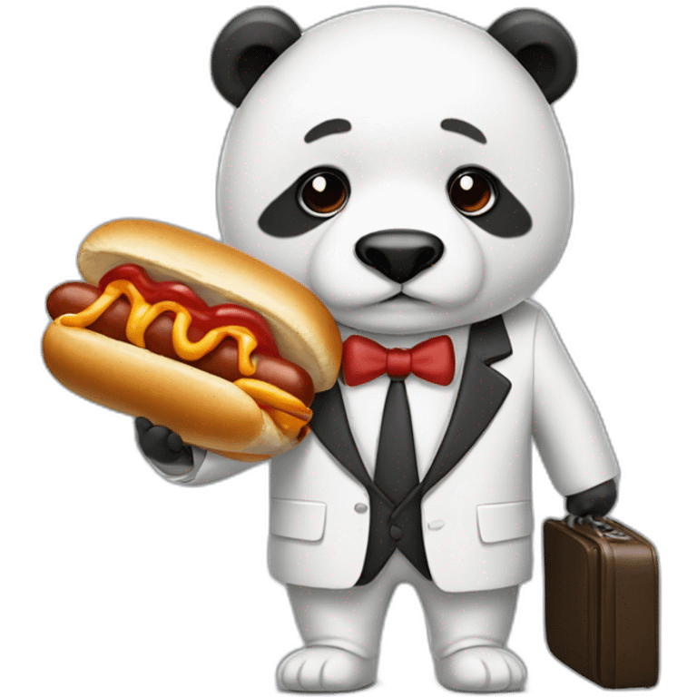 A professor with white suit and red tie and a panda face eating a hotdog and holding a black suitcase emoji