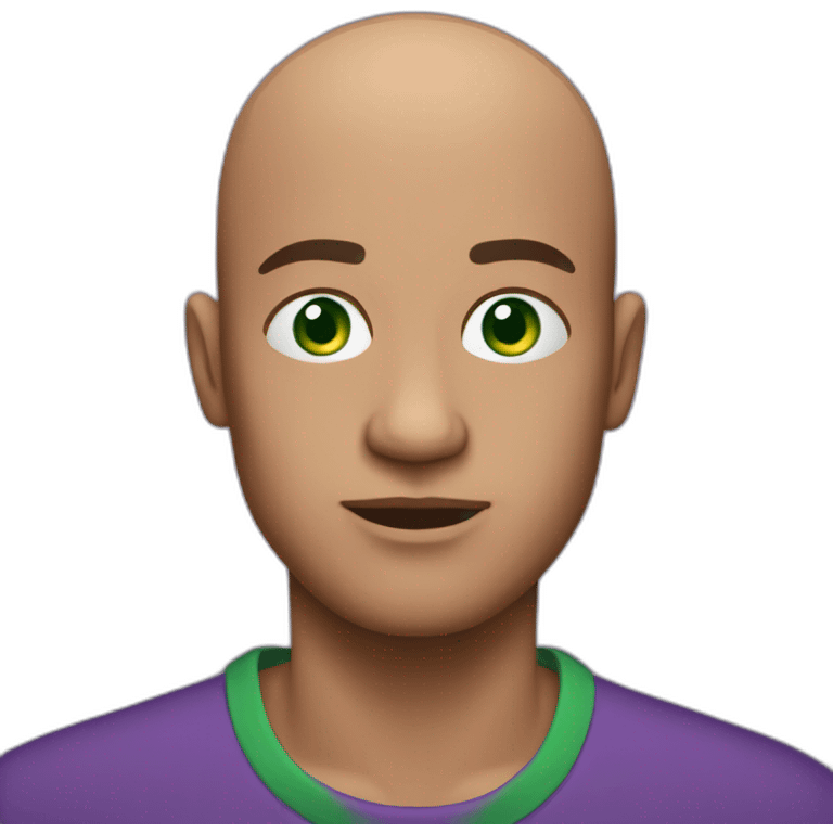 a bald guy with green eyes and purple t-shirt, iphone style emoji