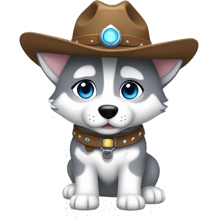 Gray Siberian Husky with blue eyes puppy wearing a cowboy hat dressed in Jedi clothing Holding a Lightsaber On leash  emoji