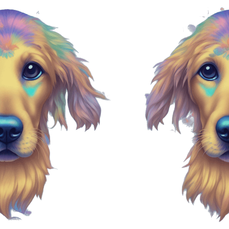 Multicolored rainbow retro groovy tie dye hippie trippy floral patterns on a metallic holographic iridescent blue dog face head unicorn emoji