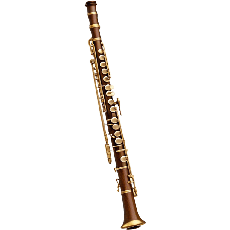 Create a detailed and elegant emoji representing an oboe. The design should feature the slender, cylindrical body of the oboe, with intricate keywork visible along its length. The top should showcase the small, delicate reed typical of the instrument. Use rich wooden tones, with accents of silver or brass on the keys to reflect the high-quality craftsmanship of the oboe. Add subtle musical notes surrounding the instrument to symbolize its expressive, melodic sound. The background should be transparent. emoji