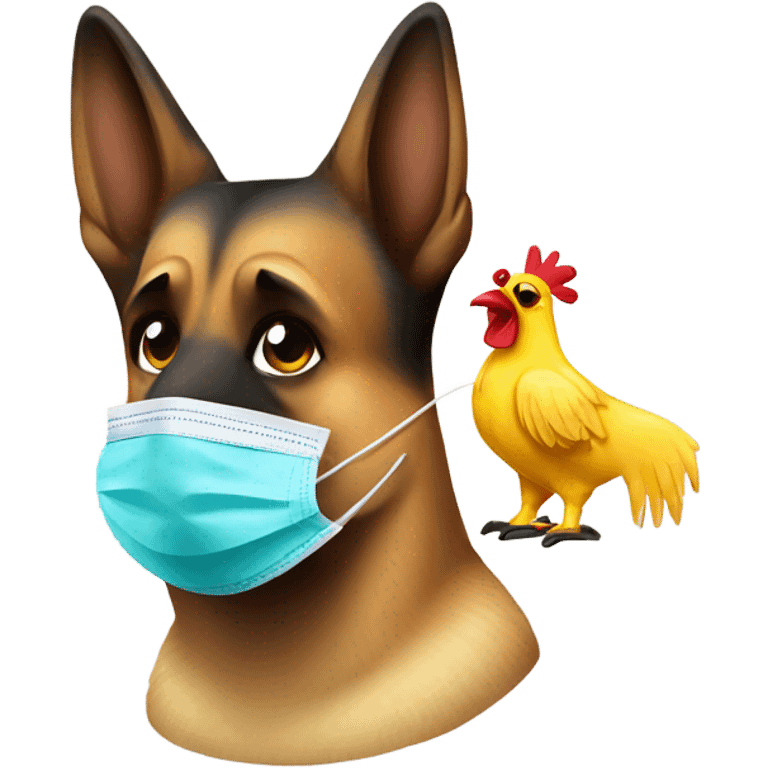 German shepherd wearing surgical mask taking chicken’s temperature  emoji