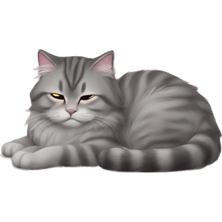 Gray siberian cat sleeping on light pink bed emoji