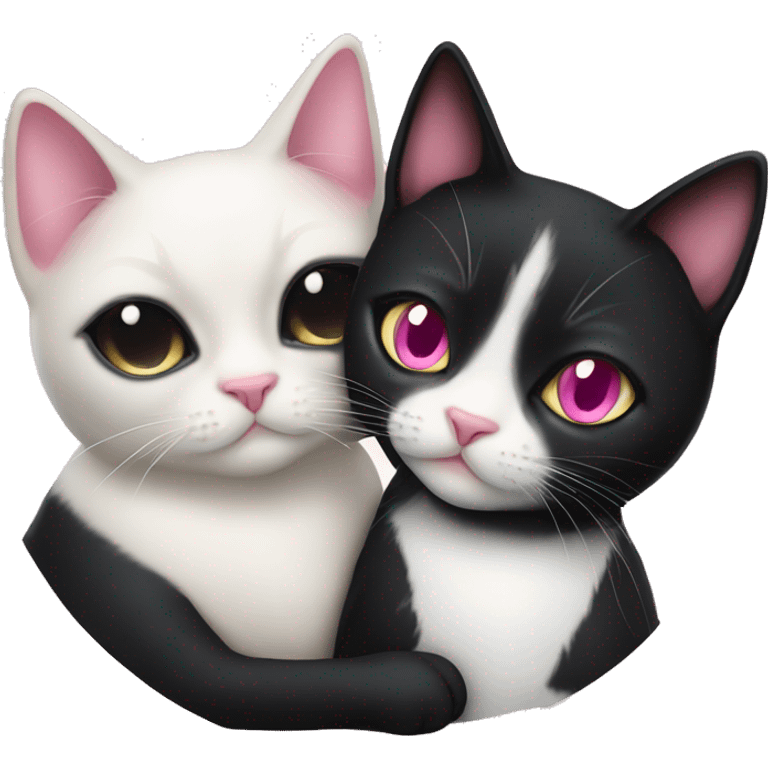 tuxedo cat with pink nose and siamese cat cuddling together emoji