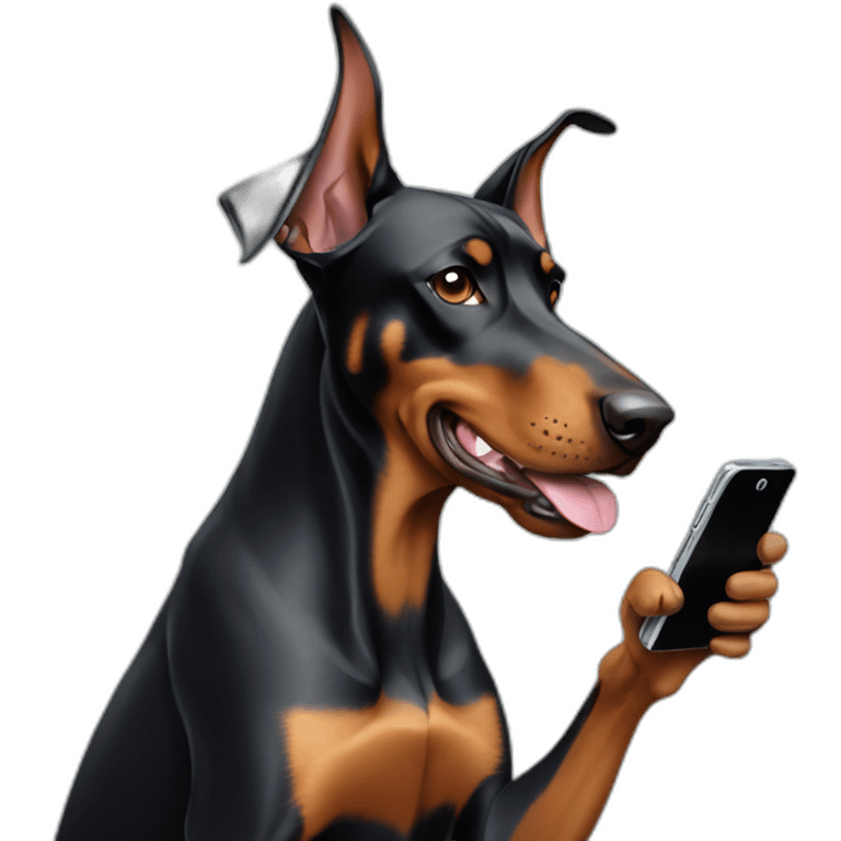 doberman dog playing with phone emoji