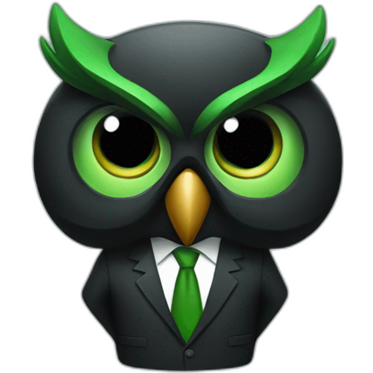 hyped black and green owl in a suit emoji