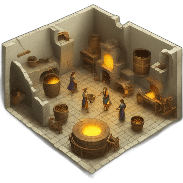 open floor plan of a medieval mint showing different people working, one person on the furnace, some people molding liquid gold into coins emoji