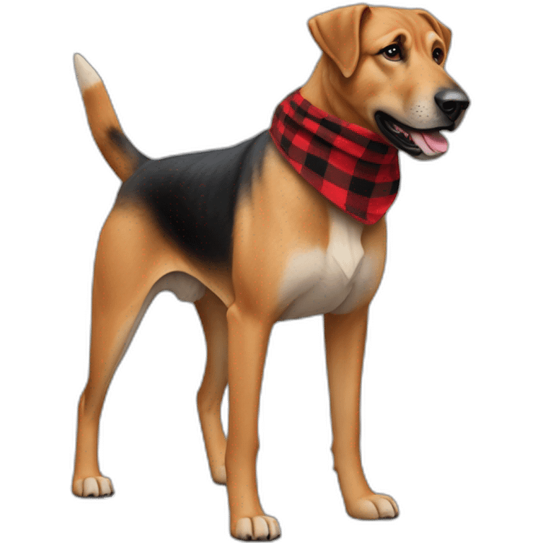 adult 75% Coonhound 25% German Shepherd mix dog with visible tail wearing small pointed red buffalo plaid bandana full body walking left emoji