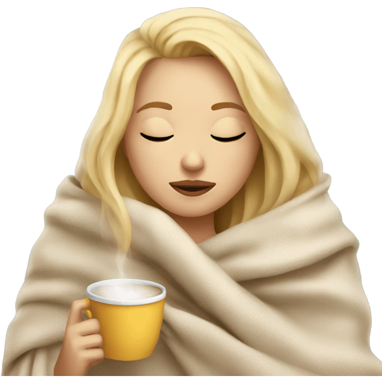 Blonde girl inside a blanket sipping coffee eyes closed emoji