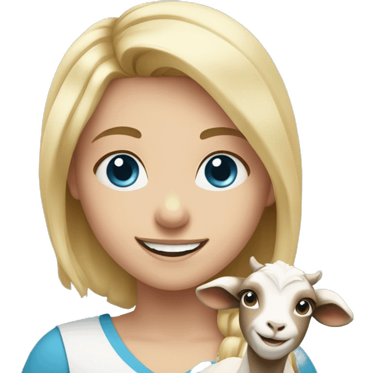 smiling girl with blonde hair blue eyes holding goat emoji