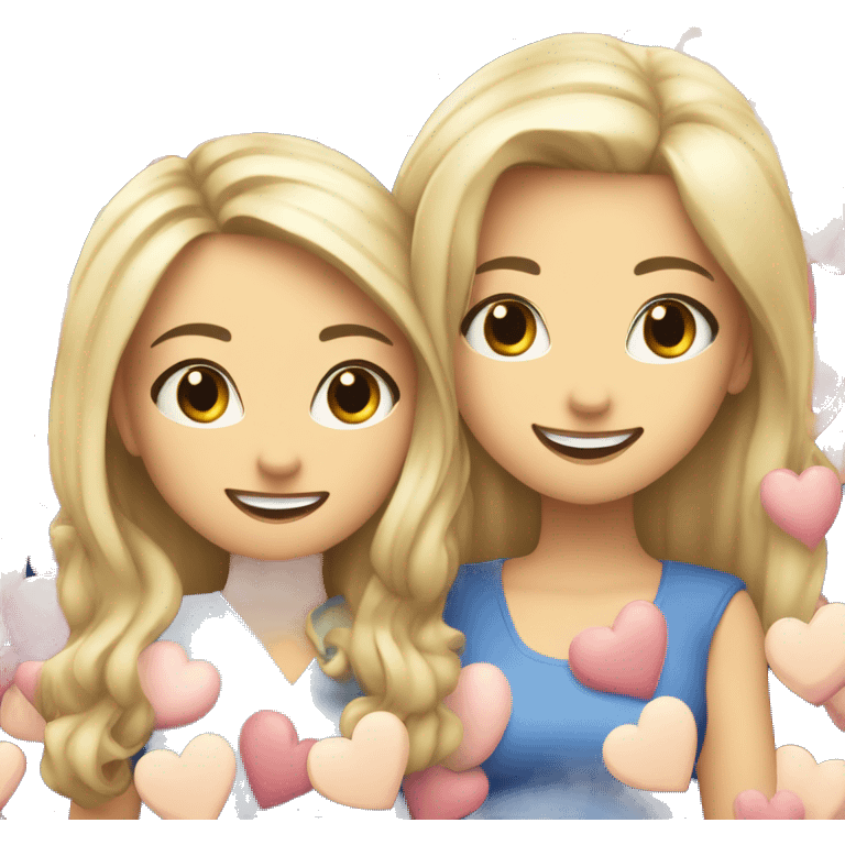 blonde Caucasian female and brunette Caucasian female best friends happy smiling with hearts everywhere emoji