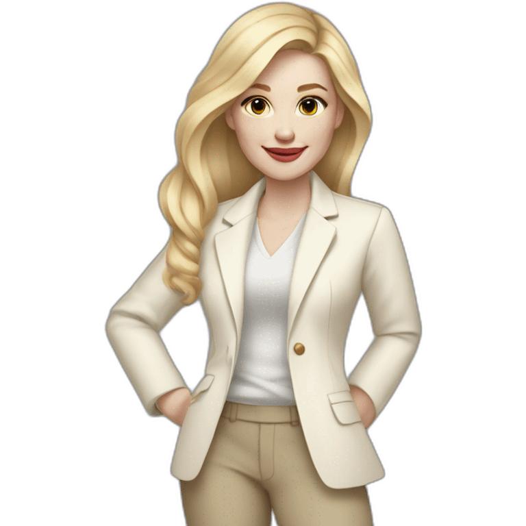 Full height pale skin woman with blonde Straightened Hair to shoulders, White classical jacket, beige Arrow pants holding a color palette in the hands emoji